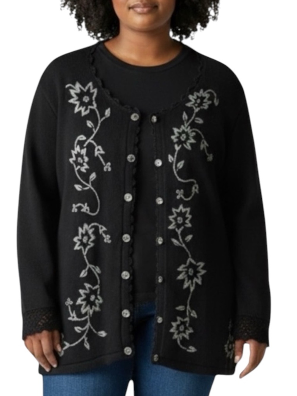 STORYBOOK KNITS (HSN) Floral Embroidered Cardigan Knit Lace Trim in Black Size L